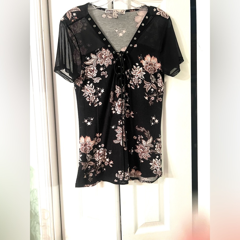 Gypsies & Moondust Black Floral Sheer Blouse